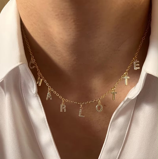 Personalized Stainless Steel Golden Synthetic Synthetic Zirconia Monogram Name Necklace