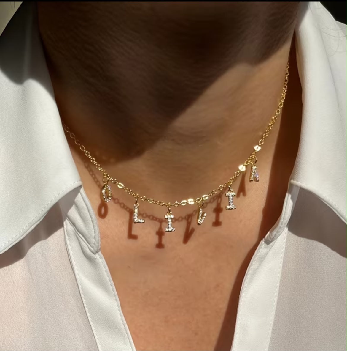 Personalized Stainless Steel Golden Synthetic Synthetic Zirconia Monogram Name Necklace